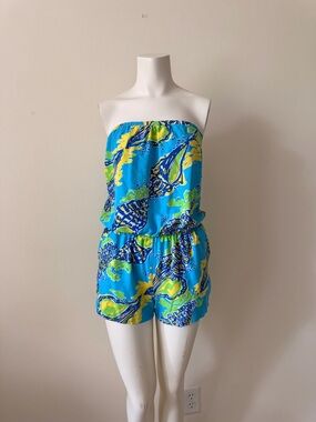 Lilly Pulitzer Turquoise & Yellow Strapless Tropical Romper